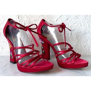 JLo Red Satin Strappy Tie Sandals Embroidered Floral High Heels-Women's 9-1/2 M